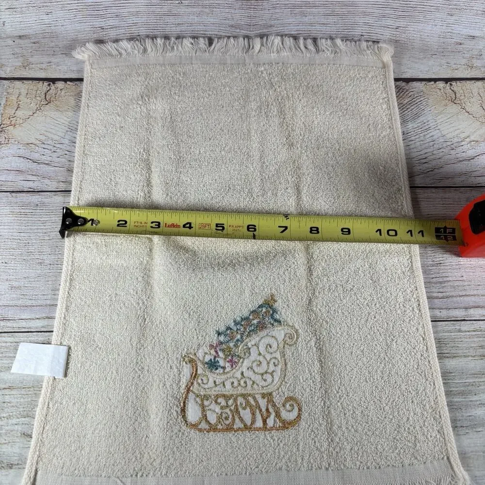 Vintage Christmas Hand Towels Lot 3 Embroidered Fringe Snowman Sleigh 11x16